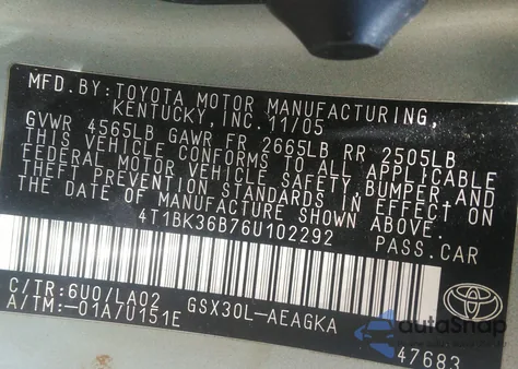 2006 Toyota Avalon Xls из США, поврежденный, VIN 4T1BK36B76U102292